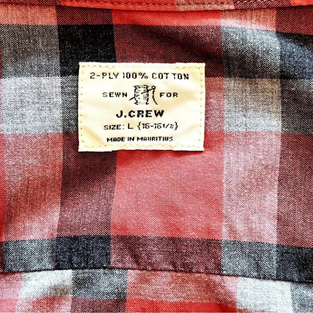 J.Crew 2-Ply Cotton Button Down Shirt Red Gray Black Check Plaid Long Sleeve L